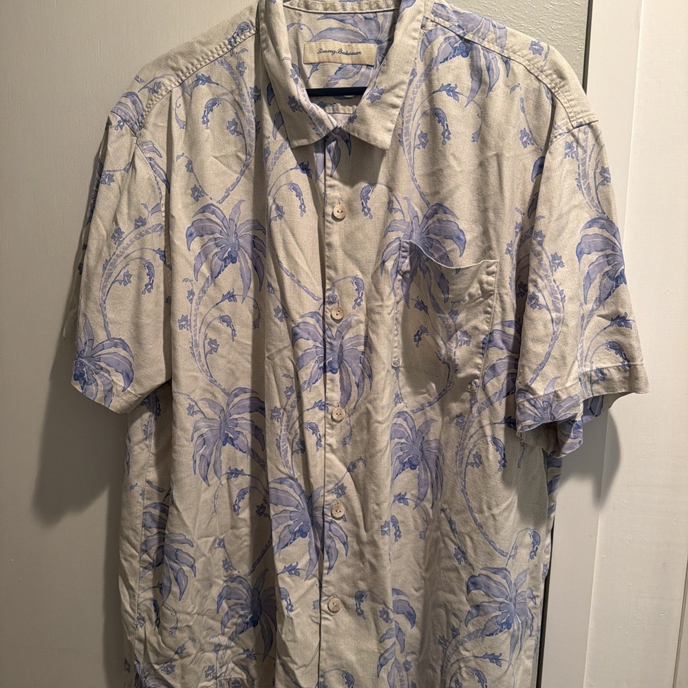 Tommy Bahama Beige Shirt with Blue Palm Pattern